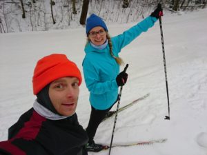 Cross-country skiing is the best with several thin layers.