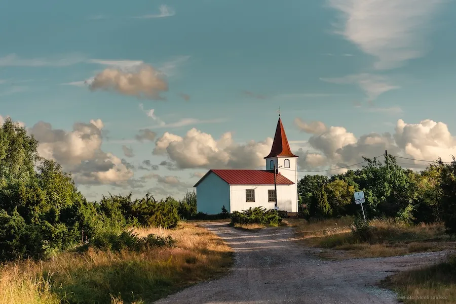 Small wooden church with a red roof on Prangli Island.
