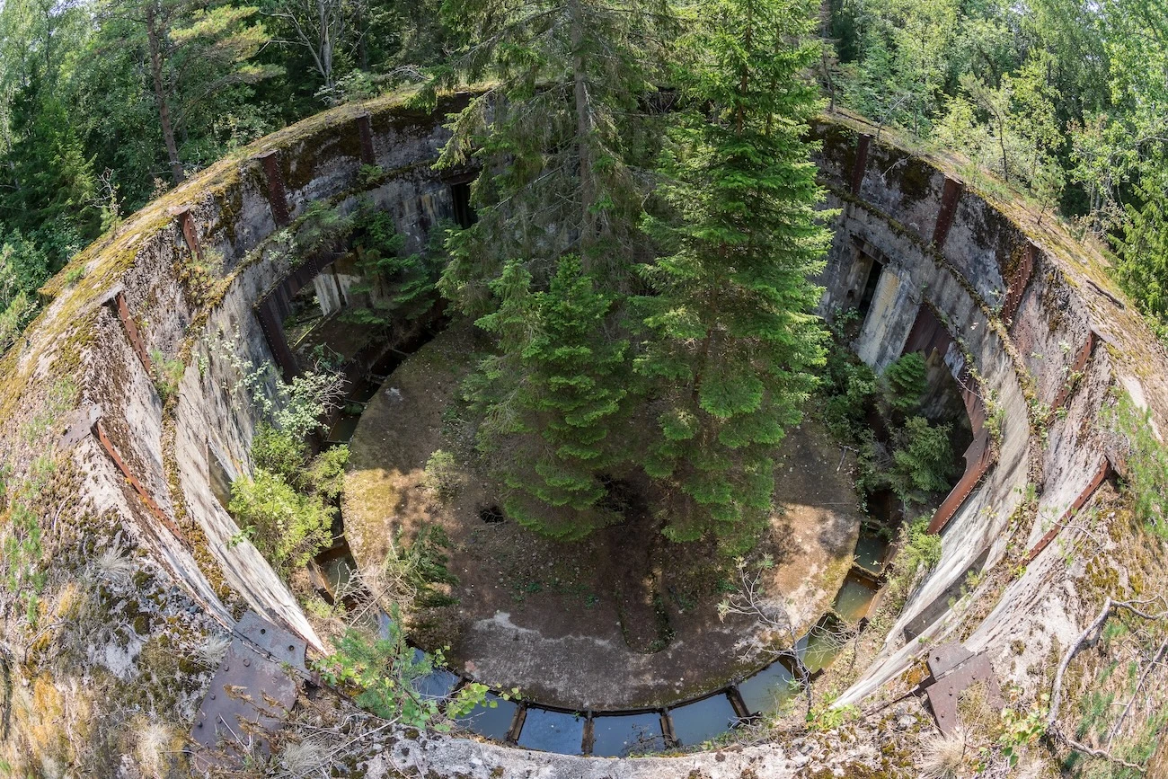 Abandoned Soviet naval fortress on Naissaar island with trees growing inside circular concrete structure