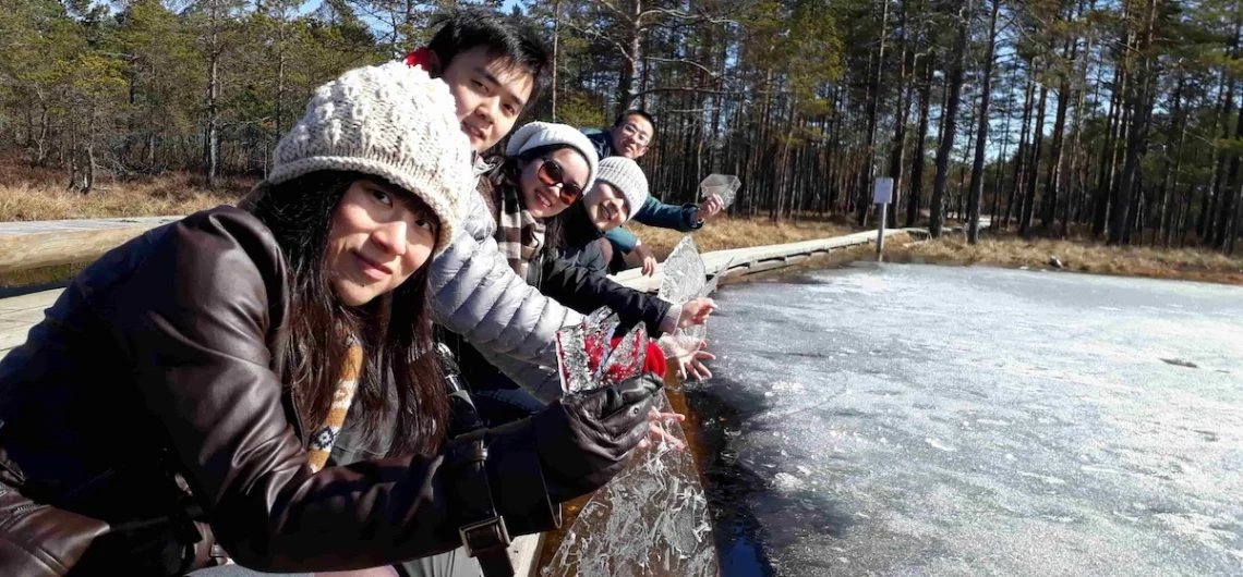 Tourists holding ice pieces next to frozen water in Viru Bog boardwalk in Lahemaa National Park.