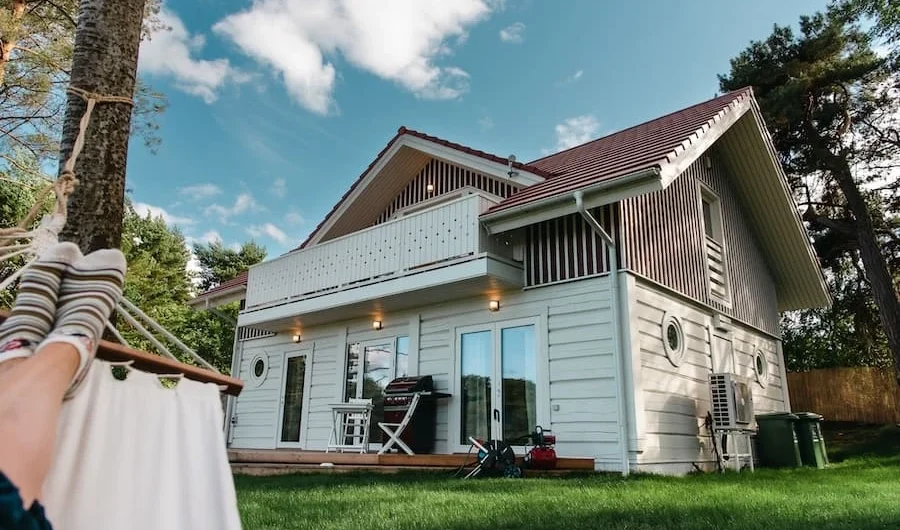 Exterior of Villa of Nature Energy on Prangli Island with hammock, terrace and outdoor BBQ area